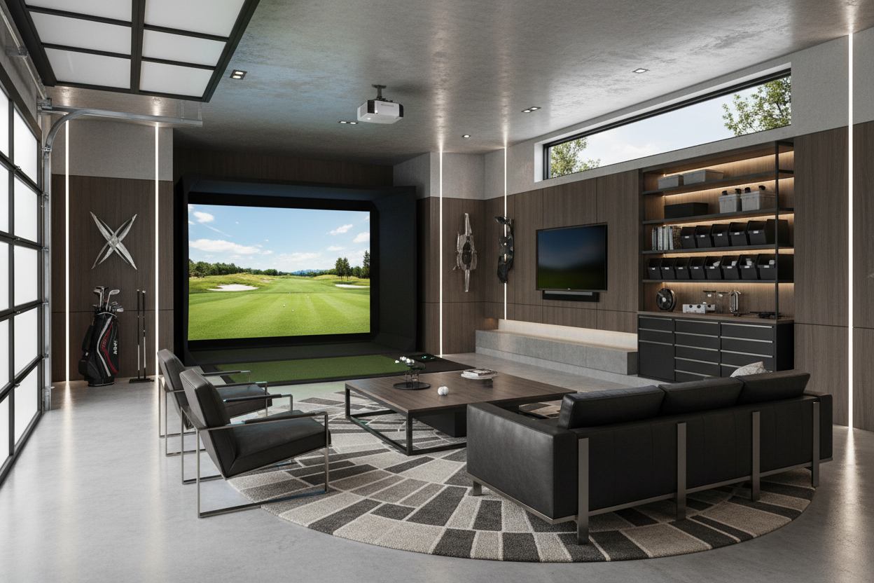 geenrate an iage of a masculione funrished garage modern style clean lines with agodl simualator inside