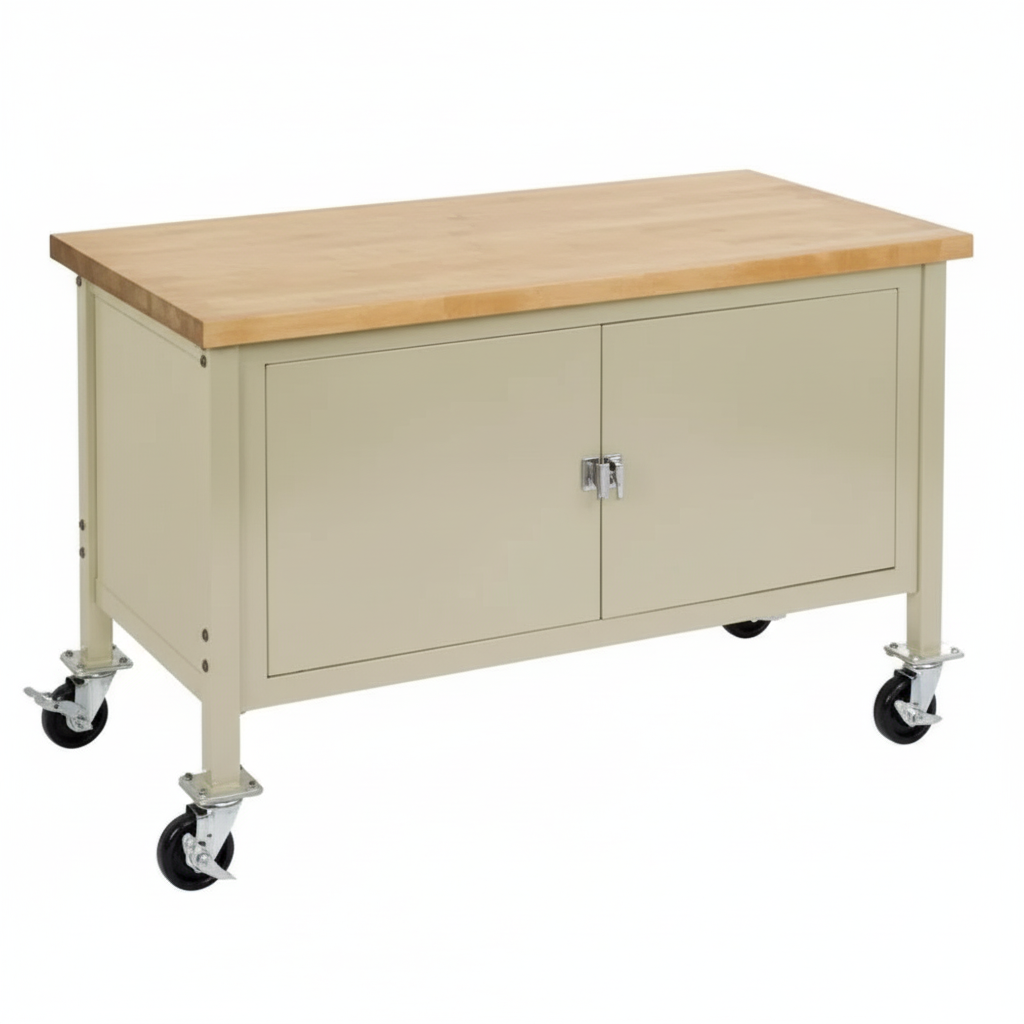 60 x 30 in. Mobile Workbench with Security Cabinet - Maple Butcher Block Square Edge, Tan