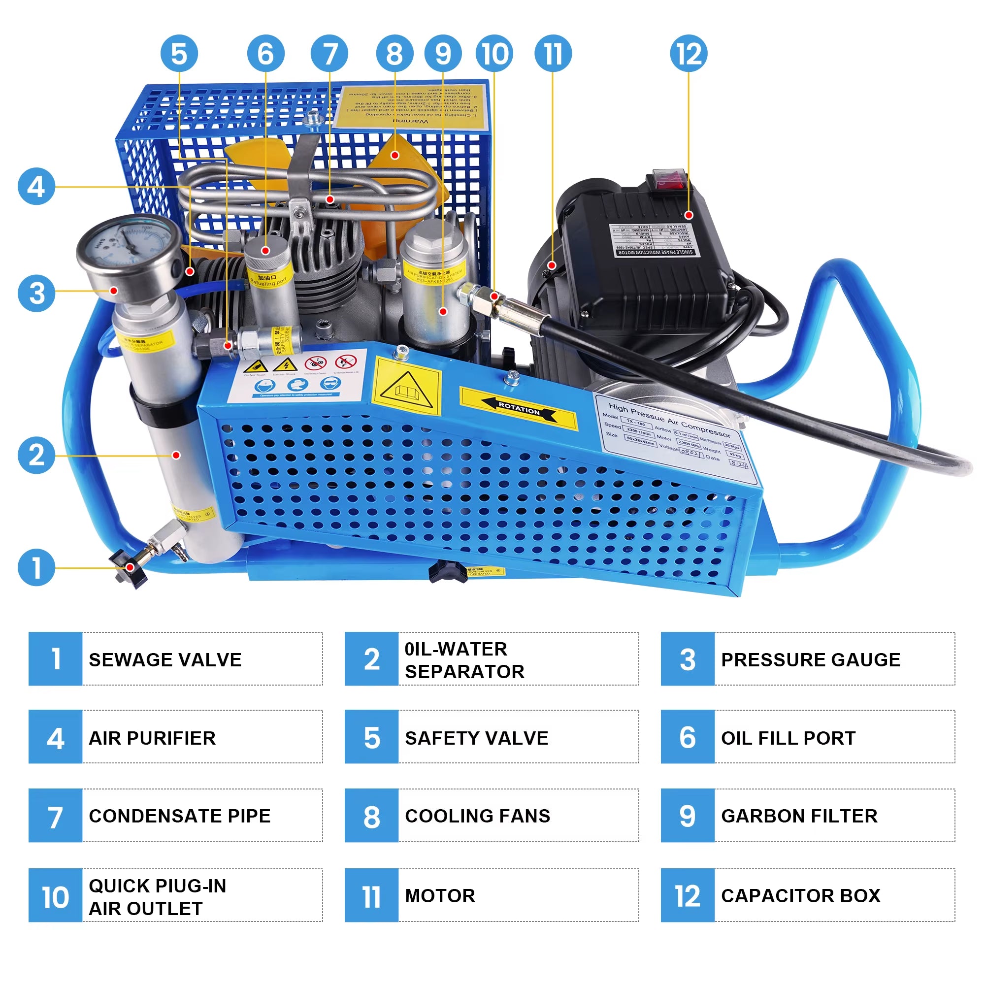 TXESB041 100L/Min 4500Psi PCP Air Compressor 300Bar High Pressure Scuba Compressor Diving Compressor PCP Rifle 0-12L Tank