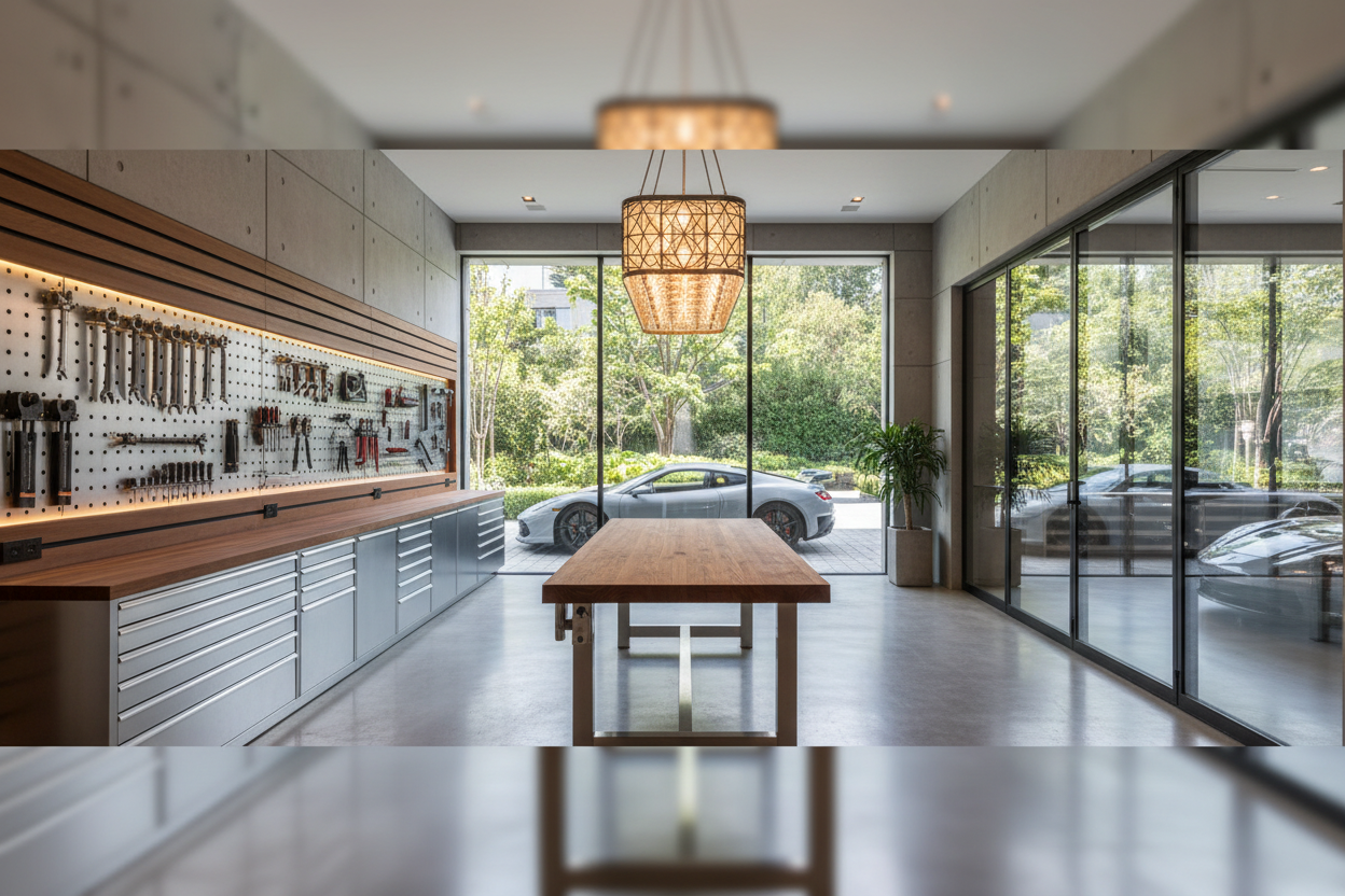 Generate a banner image suitable for a premium online store, but with natural lighting. Feature a photo realistic "Luxury" vibe of a modern architectural high end light and welcoming garage work space with a clean concrete floor and tool storage Use natural lighting, textures, materials, and spatial composition